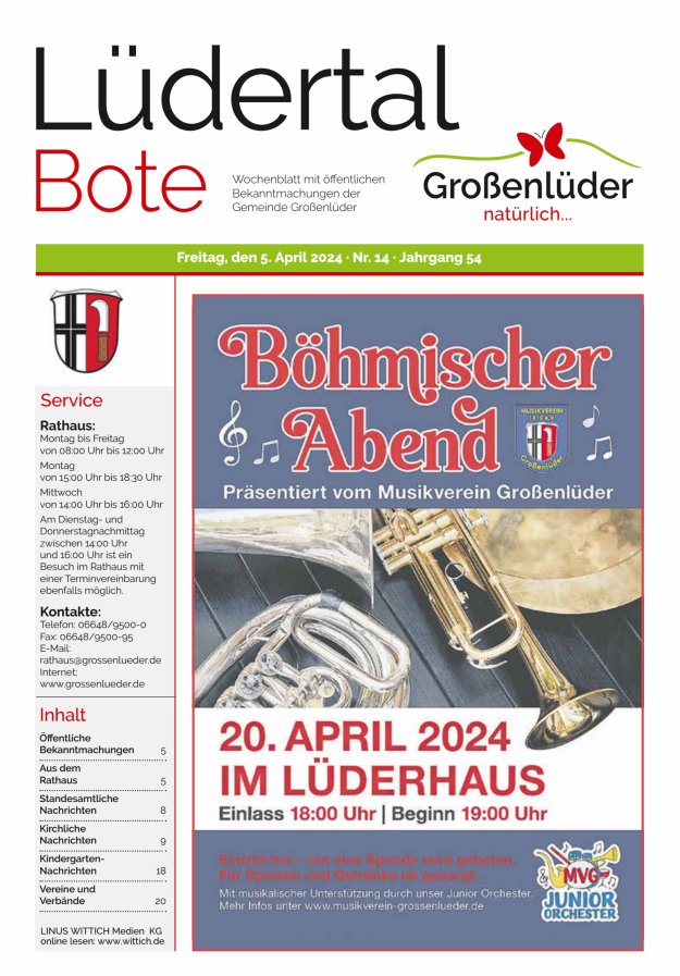 Wochenblatt mit öffentlichen Bekanntmachungen der Gemeinde Großenlüder Titelblatt 14/2024