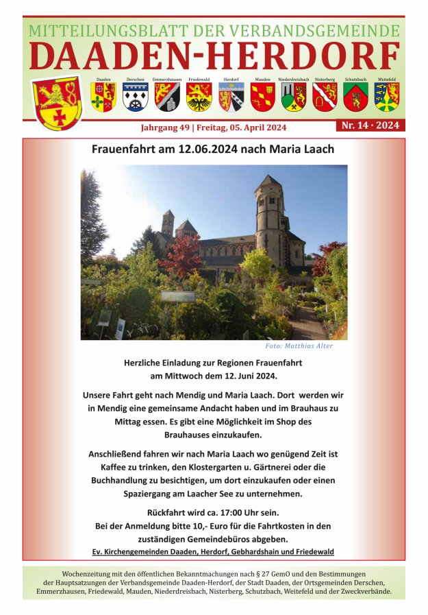 Mitteilungsblatt der Verbandsgemeinde Daaden-Herdorf Titelblatt 14/2024
