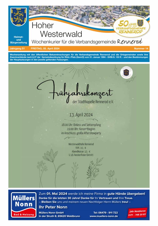 Hoher Westerwald - Wochenkurier für die Verbandsgemeinde Rennerod Titelblatt 14/2024