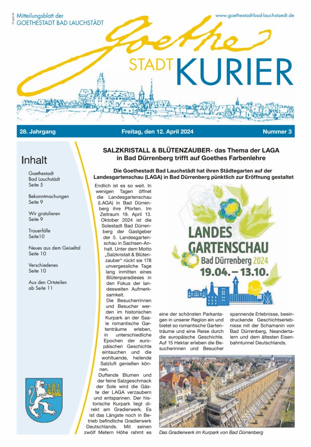 Goethestadt Kurier - Mitteilungsblatt der Goethestadt Bad Lauchstädt Titelblatt 03/2024