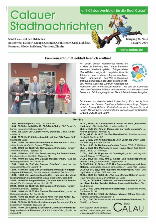 Calauer Stadtnachrichten  Titelblatt 04/2024