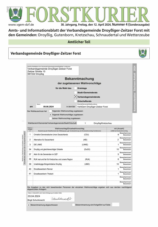 Forstkurier Amts- u. Informationsblatt VG Droyßiger-Zeitzer Forst Titelblatt 04/2024