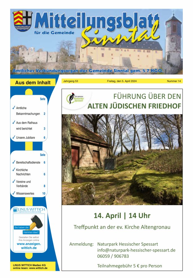 Mitteilungsblatt für die Gemeinde Sinntal Titelblatt 14/2024