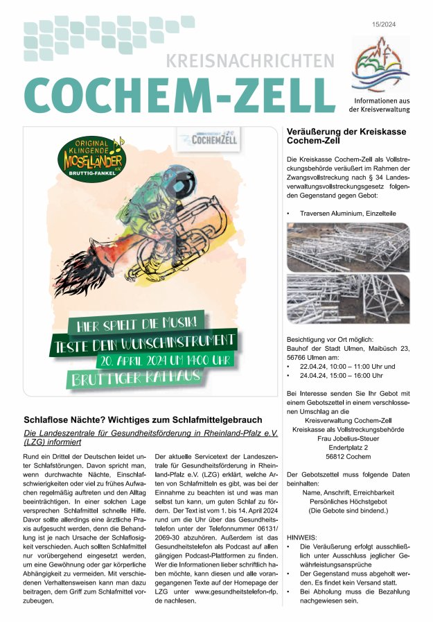 Kreisnachrichten Cochem-Zell Titelblatt 15/2024