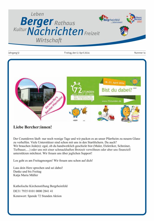Berger Nachrichten, Bergrheinfeld Titelblatt 14/2024