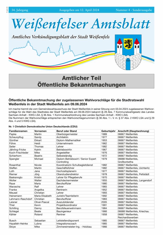 Weißenfelser Amtsblatt – Amtliches Verkündungsblatt der Stadt Weißenfels Titelblatt 04/2024