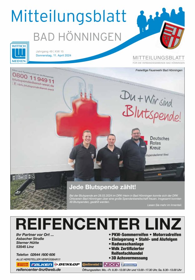 Mitteilungsblatt für den Bereich der Verbandsgemeinde Bad Hönningen Titelblatt 15/2024