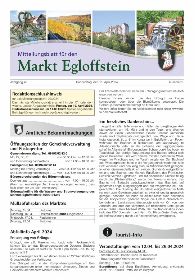 Mitteilungsblatt für den Markt Egloffstein Titelblatt 08/2024