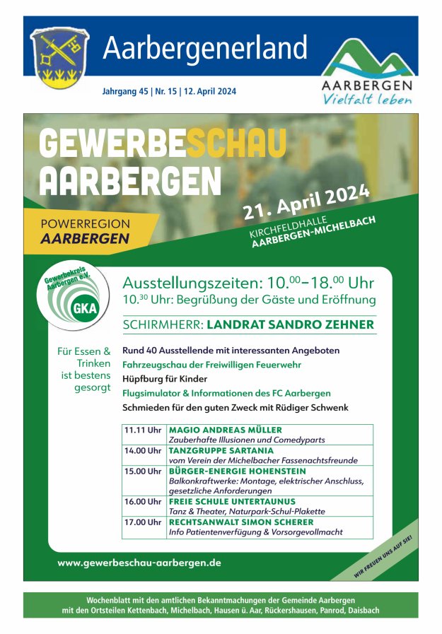 Aarbergenerland - Wochenblatt mit den amtlichen Bekanntmachungen Titelblatt 15/2024
