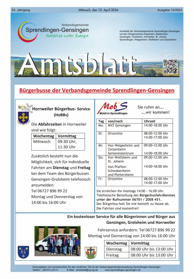 Amtsblatt VG Sprendlingen-Gensingen Titelblatt 15/2024