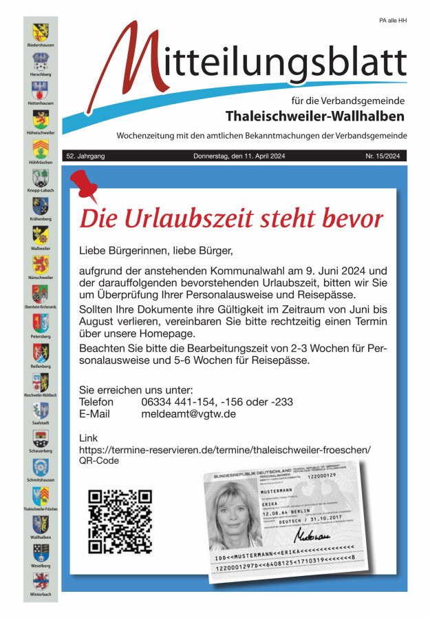 Mitteilungsblatt VG Thaleischweiler-Wallhalben Titelblatt 15/2024