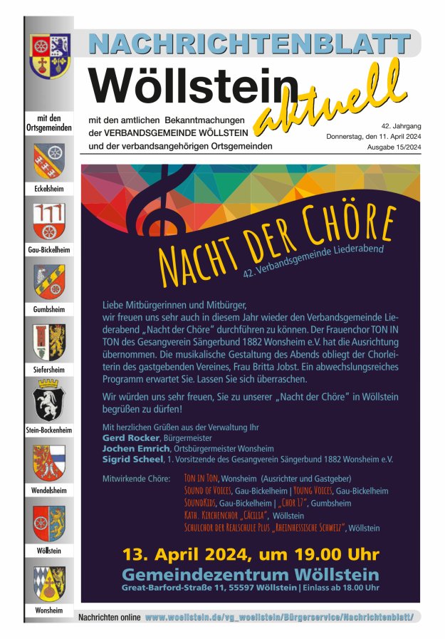 Nachrichtenblatt Wöllstein aktuell Titelblatt 15/2024