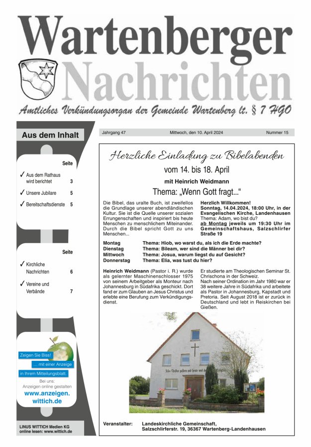 Wartenberger Nachrichten Titelblatt 15/2024