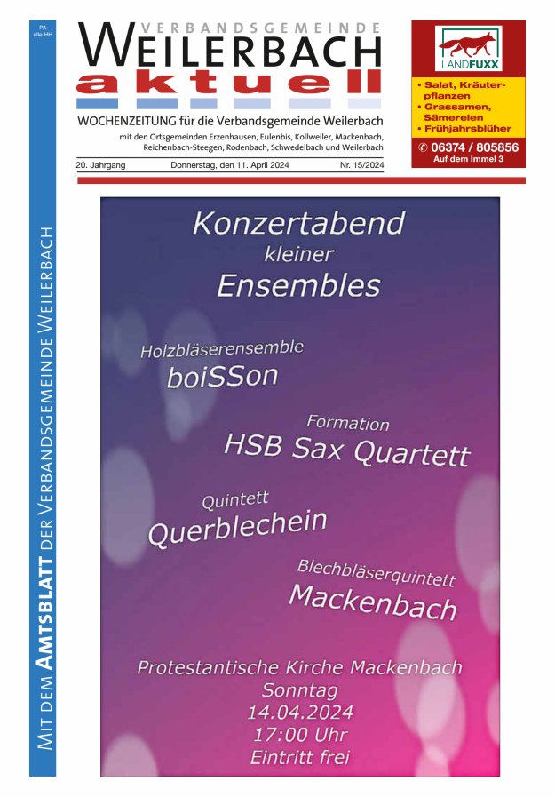 Verbandsgemeinde Weilerbach aktuell Titelblatt 15/2024