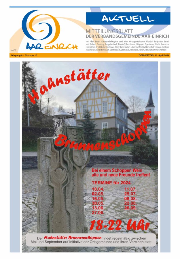 Mitteilungsblatt der Verbandsgemeinde Aar-Einrich Ausgabe Katzenelnbogen Titelblatt 15/2024