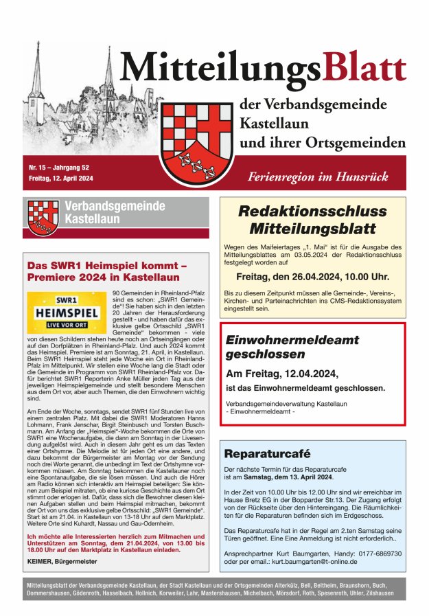 Mitteilungsblatt Kastellaun Titelblatt 15/2024