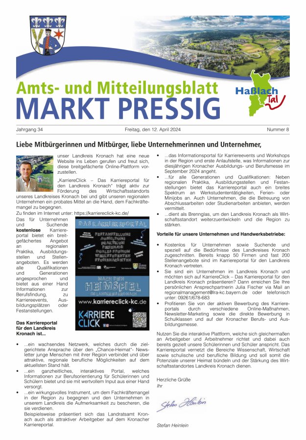 Amtsblatt für den Markt Pressig mit den Gemeindeteilen Titelblatt 08/2024