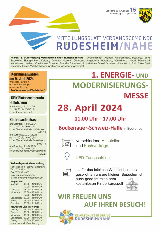 Mitteilungsblatt Verbandsgemeinde Rüdesheim und zugehörige Ortsgemeinden Titelblatt 15/2024