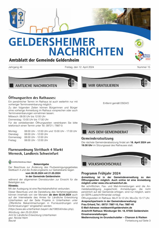 Geldersheimer Nachrichten Amtsblatt der Gemeinde Geldersheim Titelblatt 15/2024