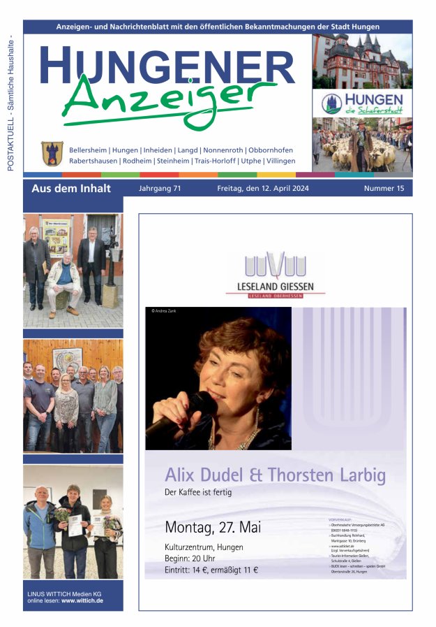 Anzeigen- und Nachrichtenblatt mit den öff  Bekanntmachungen der Stadt Hungen Titelblatt 15/2024