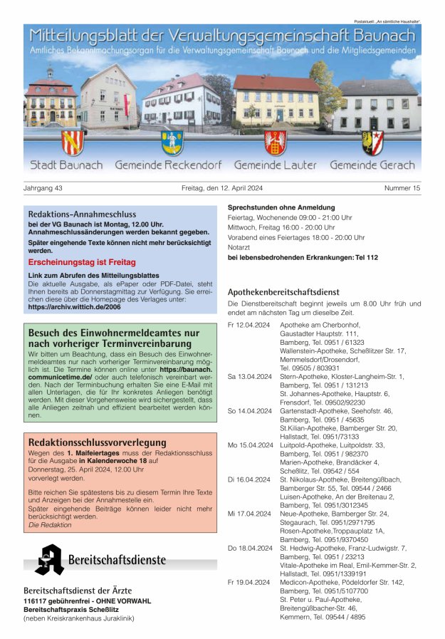 Mitteilungsblatt Verwaltungsgemeinschaft Baunach Titelblatt 15/2024