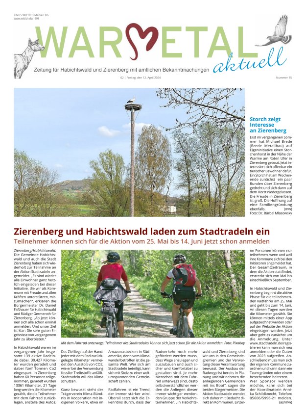 Warmetal aktuell (Habichtswald + Zierenberg) Titelblatt 15/2024