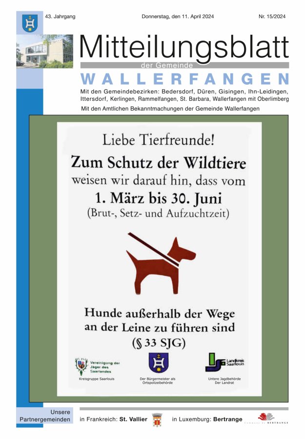 Mitteilungsblatt Gemeinde Wallerfangen Titelblatt 15/2024