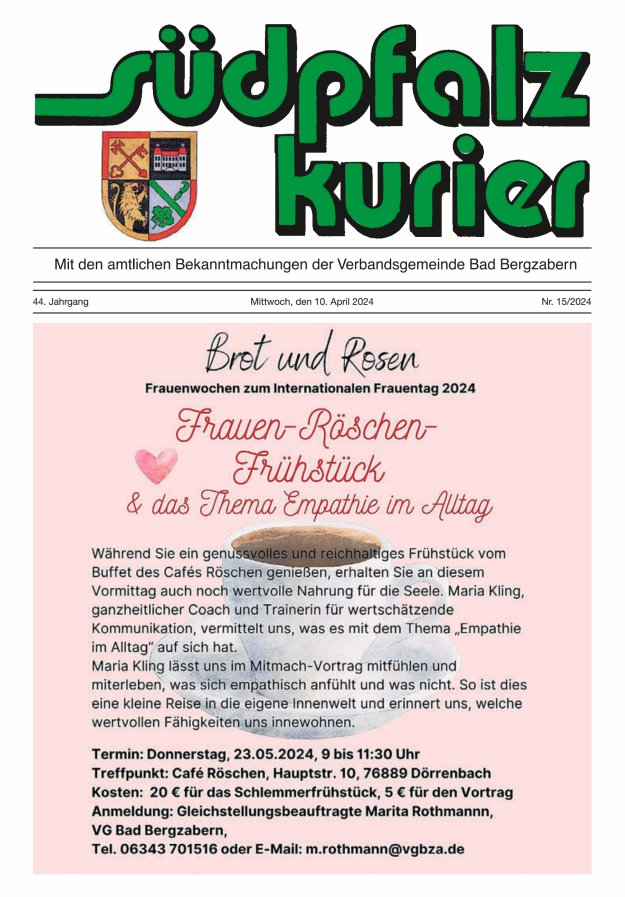 Südpfalz Kurier - VG Bad Bergzabern Titelblatt 15/2024