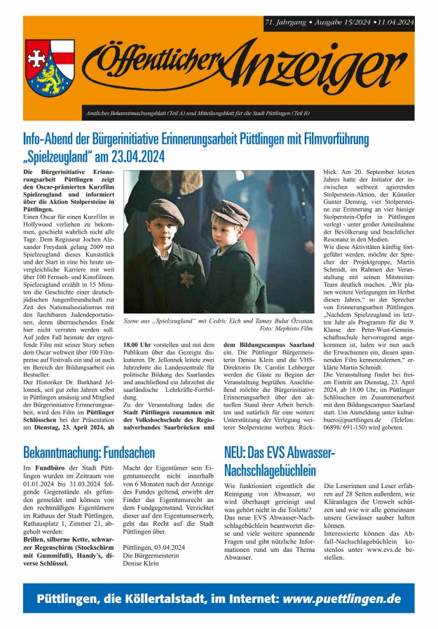 Öffentlicher Anzeiger - Stadt Püttlingen Titelblatt 15/2024