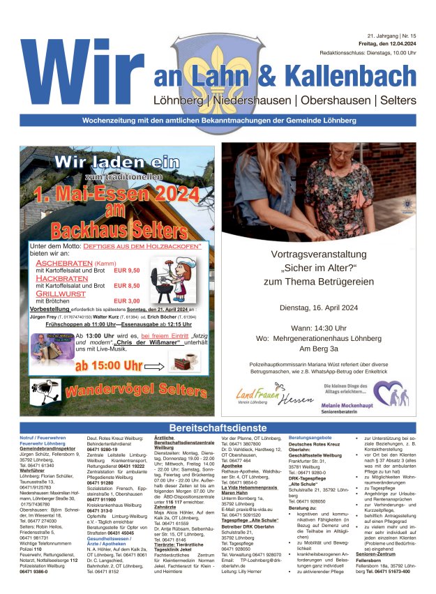 Amtliches Mitteilungsblatt der Gemeinde Löhnberg Titelblatt 15/2024