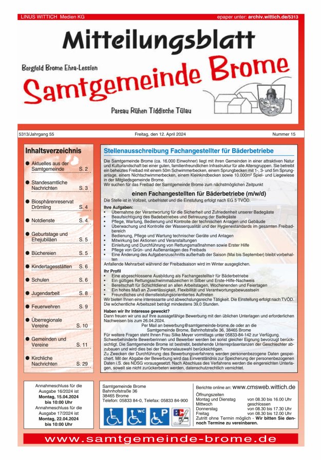 Mitteilungsblatt der Samtgemeinde Brome Titelblatt 15/2024