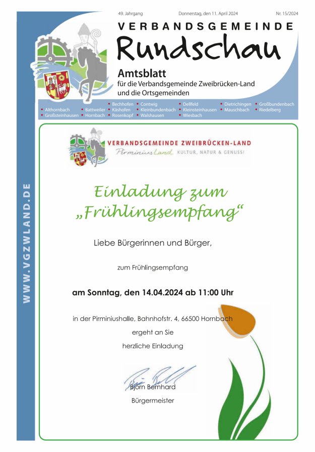 Verbandsgemeinde Rundschau Zweibrücken-Land Titelblatt 15/2024