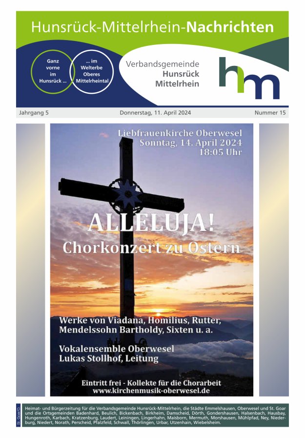 Hunsrück-Mittelrhein Nachrichten Ausgabe St Goar Oberwesel Titelblatt 15/2024