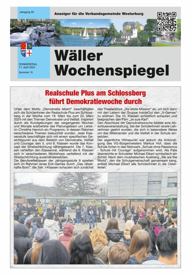 Wäller Wochenspiegel - Anzeiger für die Verbandsgemeinde Westerburg Titelblatt 15/2024