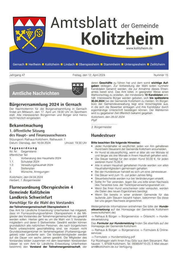 Amtsblatt der Gemeinde Kolitzheim Titelblatt 15/2024