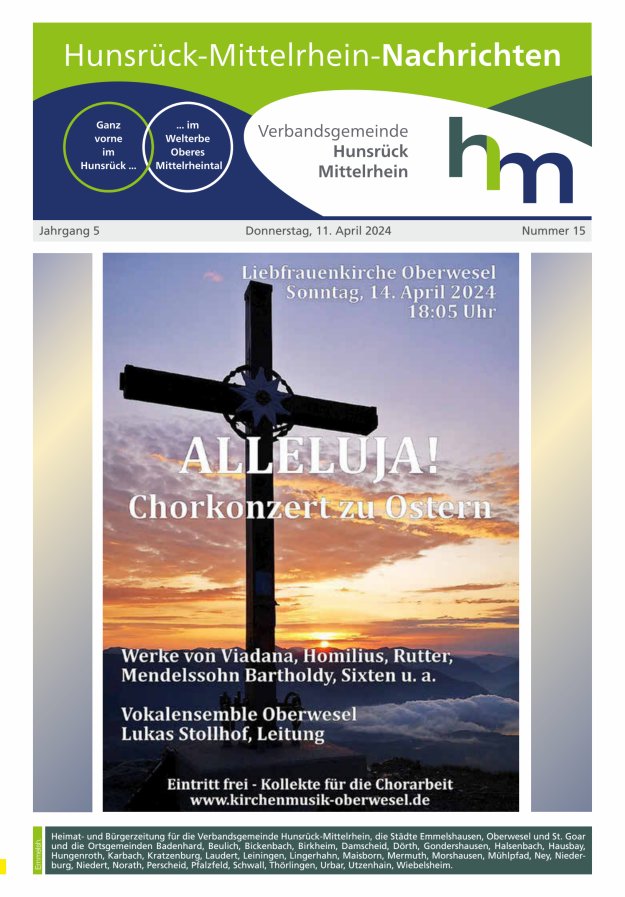 Hunsrück-Mittelrhein Nachrichten Ausgabe Emmelshausen Titelblatt 15/2024