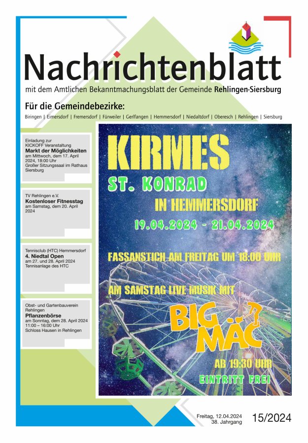 Nachrichtenblatt Rehlingen-Siersburg Titelblatt 15/2024