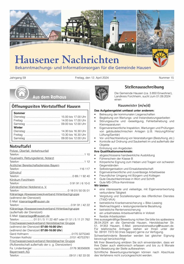 Hausener Nachrichten Titelblatt 15/2024