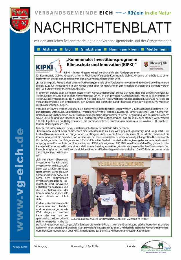 Nachrichtenblatt der VG Eich Titelblatt 15/2024
