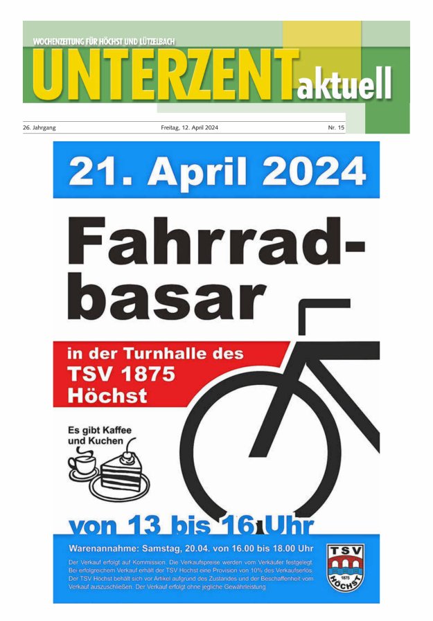 Unterzent aktuell Wochenzeitung für Höchst und Lützelbach Titelblatt 15/2024