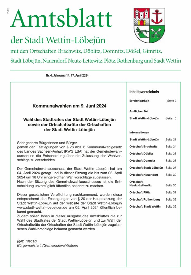 Amtsblatt der Stadt Wettin-Löbejün mit den Ortsteilen Titelblatt 04/2024