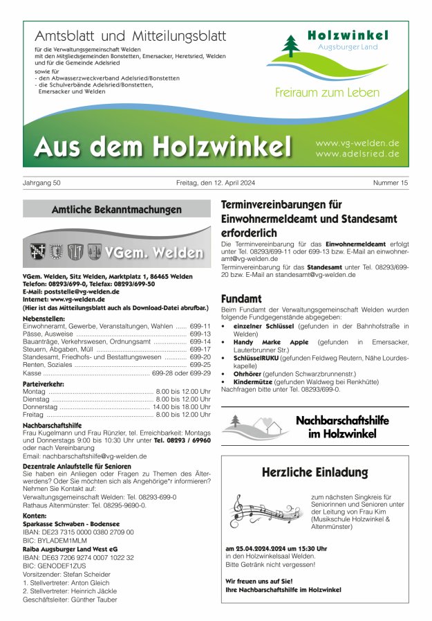 Aus dem Holzwinkel Amtsblatt u Mitteilungsblatt f VG Welden u GemAdelsried Titelblatt 15/2024
