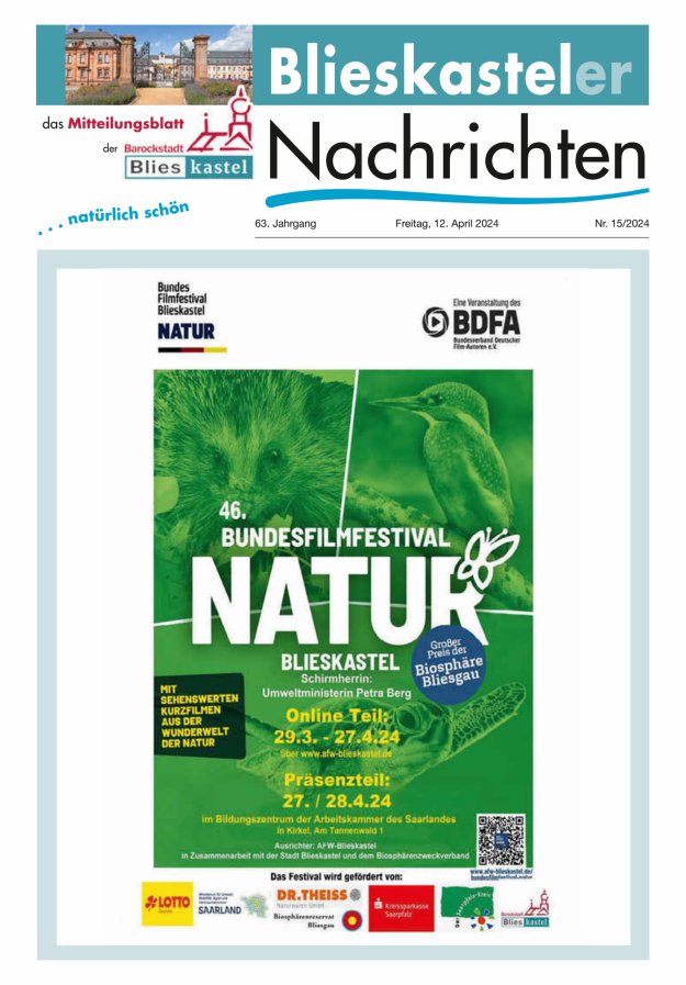 Blieskasteler Nachrichten  Titelblatt 15/2024