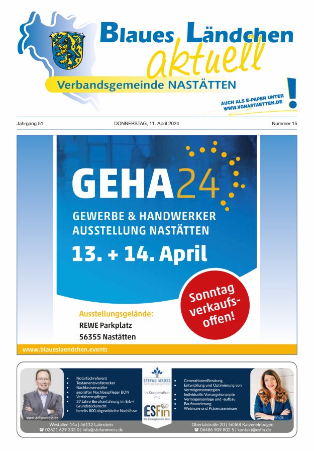 Blaues Ländchen aktuell - Heimat- u Bürgerzeitung VG Nastätten Titelblatt 15/2024