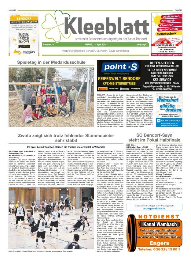 Kleeblatt - Amtliches Bekanntmachungsorgan der Stadt Bendorf Titelblatt 15/2024