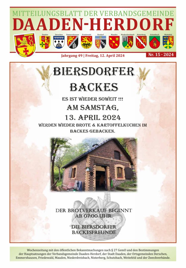 Mitteilungsblatt der Verbandsgemeinde Daaden-Herdorf Titelblatt 15/2024