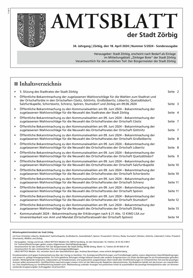 Zörbiger Bote – Mitteilungsblatt der Stadt Zörbig mit den Ortsteilen Titelblatt 05/2024