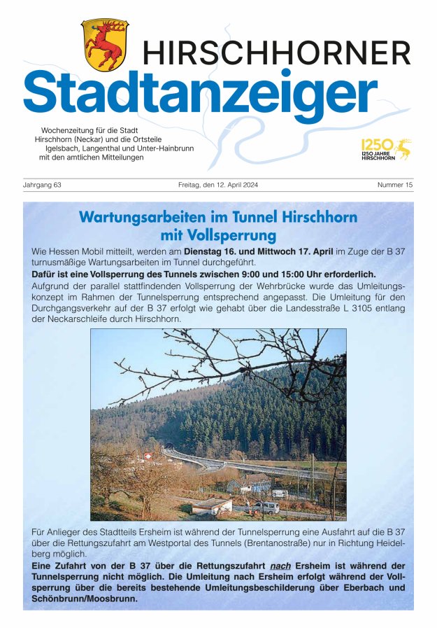 Hirschhorner Stadtanzeiger Titelblatt 15/2024