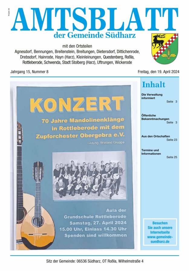 Amtsblatt der Gemeinde Südharz Titelblatt 08/2024