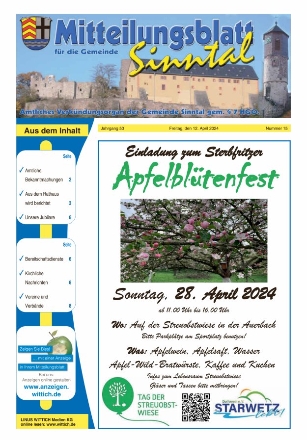 Mitteilungsblatt für die Gemeinde Sinntal Titelblatt 15/2024